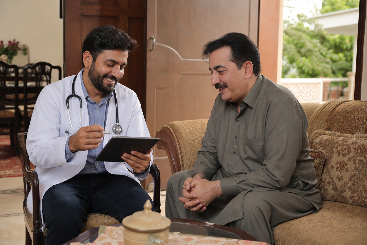 Doctor on a home visit consulting a patient in the living room